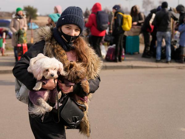 Eine Frau hält ihre Haustiere am Grenzübergang in Medyka, Polen. Etliche Menschen flüchten samt Tieren aus der Ukraine.