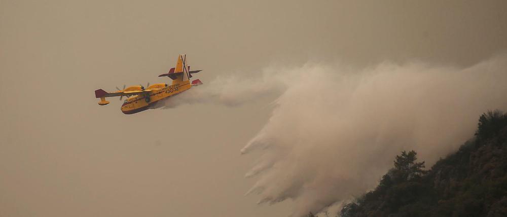 Ein spanisches Löschflugzeug schüttet Wasser auf ein Feuer in der Nähe des Kohlekraftwerks Kemerkoy im Südwesten der Türkei. (Symbolbild)
