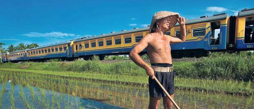 Reis und Reisen. Dieser Bauer auf seinem Feld nahe Yogyakarta auf Java ist anscheinend froh über die Abwechslung, die der vorbeifahrende Zug bietet.