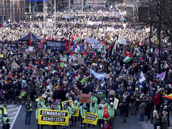 Über 60.000 Menschen demonstrieren am 28. Januar 2024 in Hamburg friedlich mit Fahnen, Bannern und Protestschildern gegen die AFD.