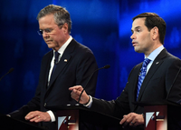 Gegen Marco Rubio (rechts) machte Jeb Bush (links) bei der dritten Republikaner-Debatte keine gute Figur. Foto: Robyn Beck/AFP