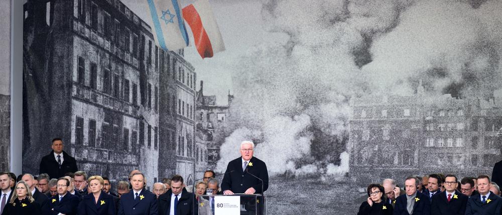 Bundespräsident Frank-Walter Steinmeier spricht bei der Gedenkfeier zum 80. Jahrestag des Aufstandes im Warschauer Ghetto. 