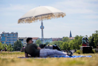 Ein Mann liegt im Mauerpark vor dem Berliner Fernsehturm unter einem Sonnenschirm. Foto: Christoph Soeder/dpa