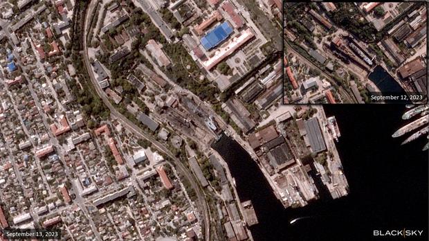 Fotocollage von Sewastopol-Luftaufnahmen von vor und nach dem Angriff vom 12. September.