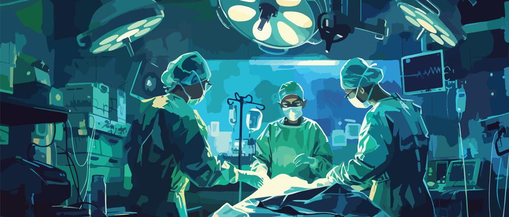 Drei Ärztinnen stehen in einem Operationssaal vor einem Patienten, der auf einem Tisch liegt.