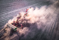 Ein Traktor verschwindet bei der Aussaat von Winterraps in einer Staubwolke. Foto: imago images