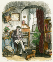 Alexander von Humboldt sitzt in einem Zimmer und bestimmt Pflanzen. Foto: akg-images