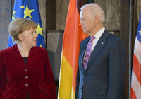 Neue alte Partner: Bundeskanzlerin Angela Merkel und US-Präsident Joe Biden (damals Vize) (Archivbild). Foto: dpa/Andreas Gebert