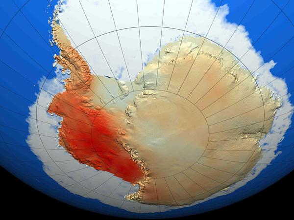Die tiefrote Farbe zeigt die Stellen, an denen sich die Antarktis von 1960 bis 2010 am stärksten erwärmt hat.