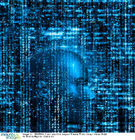 Ein Symbolbild zum Thema Künstliche Intelligenz mit Reihen codierter Zeichen und einem Kunstkopf. Foto: mauritius images