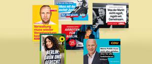 Berlin Wahl 2023 Wahlplakate SPD, FDP, Linke, AfD, Grüne, CDU / Checkpoint