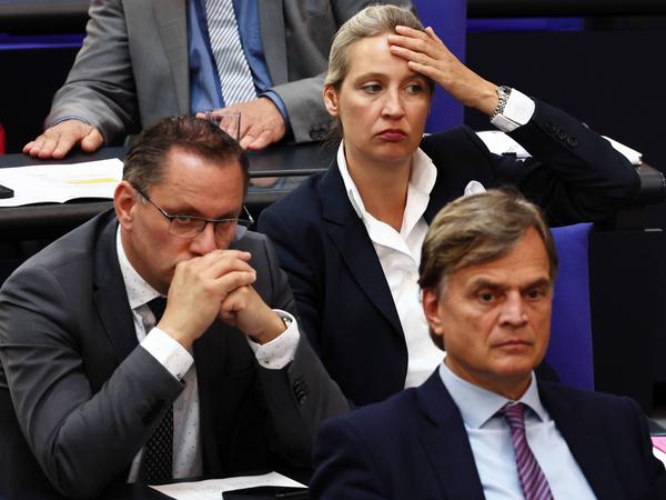  Bernd Baumann, Alice Weidel und Tino Chrupalla auf den Bänken der AfD während der Debatte im Bundestag in Berlin am 19. Mai 2022. 