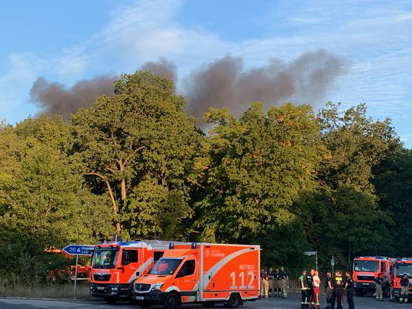 Feuerwehrfahrzeuge am Kronprinzessinnenweg in Berlin. Im Berliner Grunewald war nach einer unbeabsichtigten Explosion auf dem dortigen Sprengplatz ein Feuer ausgebrochen.