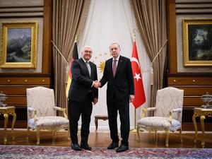 Bundespräsident Frank-Walter Steinmeier (l) und Recep Tayyip Erdoğan, Präsident der Türkei, treffen sich zu einem Gespräch im Präsidialpalast.