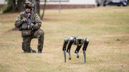 Ein Grenadier und der Bundeswehr-Roboter-Hund Wolfgang 001 bei einer Übung. +++ dpa-Bildfunk +++