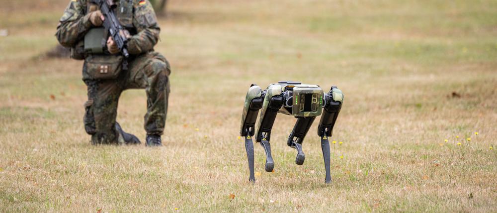 Ein Grenadier und der Bundeswehr-Roboter-Hund Wolfgang 001 bei einer Übung. +++ dpa-Bildfunk +++