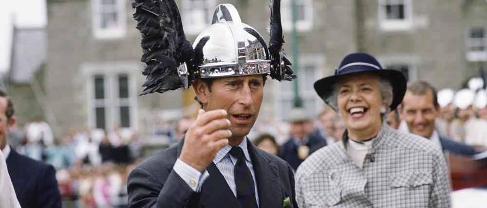 SHETLAND ISLES, SCOTLAND - JULY 24:  Prince Charles Trying On A Viking Helmet During A Visit To The Shetland Isles, Scotland.  (Photo by Tim Graham Photo Library via Getty Images)