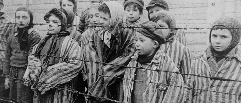 Überlebende Kinder in Auschwitz bei der Befreiung 1945. Standbild aus der sowjetischen Filmdokumentation der Roten Armee. 