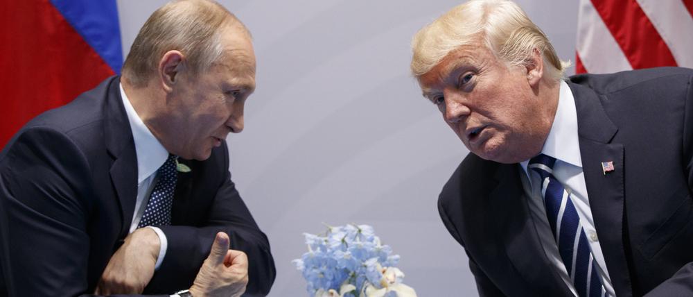 Wladimir Putin (l), Präsident von Russland, und Donald Trump, damals Präsident der USA, beim G20-Gipfel 2017 in Hamburg.