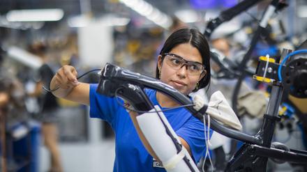 Fahrradproduktion in Sachsen. Bei Zugewanderten ist der Anteil berufstätiger Frauen deutlich geringer: Die Erwerbsquoten  liegen bis zu 20 Prozent unter denen der deutschen Frauen.
