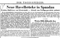 Oktober 1954. Der Plan einer besonders großen Berliner Brücke steht im Tagesspiegel. Screenshot: Spandau-Newsletter