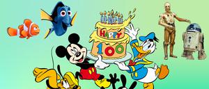 Ein Disney-Wimmelbild mit Mickey Mouse, Donald Duck, Pluto, Bambi, Dory, C-3PO und Spider-Man.