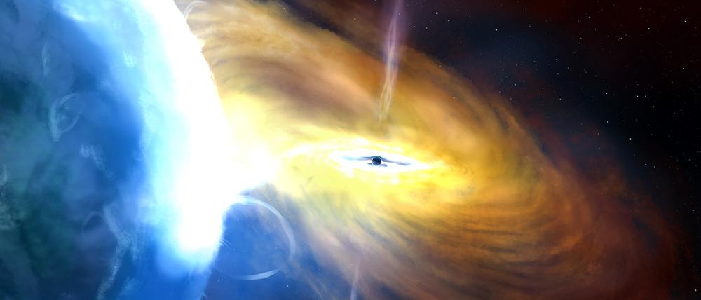 Die Illustration zeigt eine künstlerische Darstellung der gravitationsbedingten Massenzunahme durch Aufsammeln von Materie eines Schwarzen Lochs. 