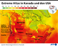Hitzewelle im Westen Kanadas und der USA sorgt für weitere Hitzerekorde. Karte: AFP / Patricio ARANA AND Paz PIZARRO AND Nadine EHRENBERG