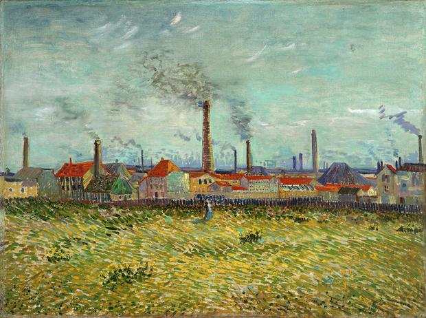 Auf Vincent van Goghs Gemälde „Fabriken bei Clichy“ trennt nur ein kleiner Zaun das Industriegebiet vom leuchtenden Feld.