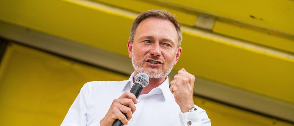 Finanzminister Christian Lindner am 9. Juli in München bei einer Wahlkampfveranstaltung der FDP.