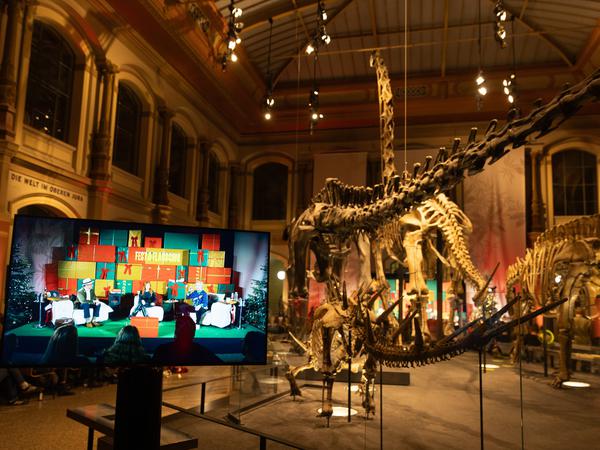 Zwei Podcast-Dinos unter echten Dinos: Stimmungsvoller Weihnachtszirkus im Naturkundemuseum. 