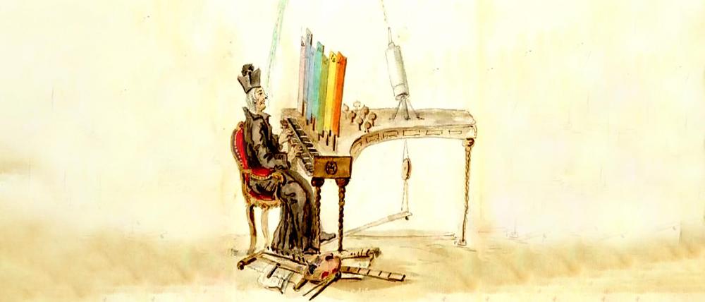 Louis-Bertrand Castels „ocular organ“, Karikatur von Charles Germain de Saint Aubin
