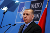 Der türkische Präsident spricht nach Verhandlungen mit den Nato-Partnern. Foto: REUTERS/Gonzalo Fuentes
