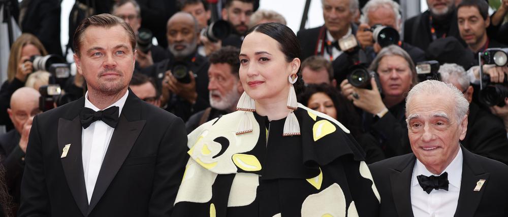 Leonardo DiCaprio, Lily Gladstone und Martin Scorsese bei der Premiere von „Killers of the Flower Moon“ in Cannes