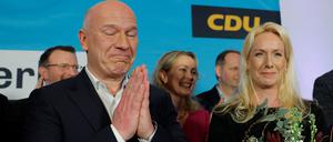 Christian Democratic Union (CDU) party's top candidate Kai Wegner (L) celebrates next to his partner Katleen Kantar after the first exit poll results for the Berlin state's repeat elections at the State parliament in Berlin on February 12, 2023. - German Chancellor Olaf Scholz's Social Democrats suffered a loss on February 12, 2023 in Berlin state elections, coming second to the conservative opposition, according to initial estimates by public broadcasters. The Christian Democratic Union (CDU) won around 28 percent of the vote in the election for Berlin's regional parliament, while Scholz's SPD scored about 18 percent, its worst postwar result, according to the estimates by broadcasters ARD and ZDF. (Photo by Odd ANDERSEN / AFP)