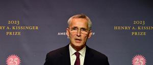 Jens Stoltenberg, Secretary General of the North Atlantic Treaty Organization (NATO), this year's recipient of the Henry A. Kissinger Prize, speaks during the event at the Deutsche Telekom Representative Office in Berlin on November 10, 2023. (Photo by John MACDOUGALL / AFP)