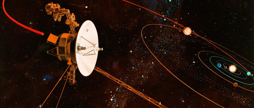 Eine künstlerische Darstellung der Flugbahn der Nasa-Raumsonden „Voyager 1“ und „Voyager 2“, die um 1977 erstellt wurde.