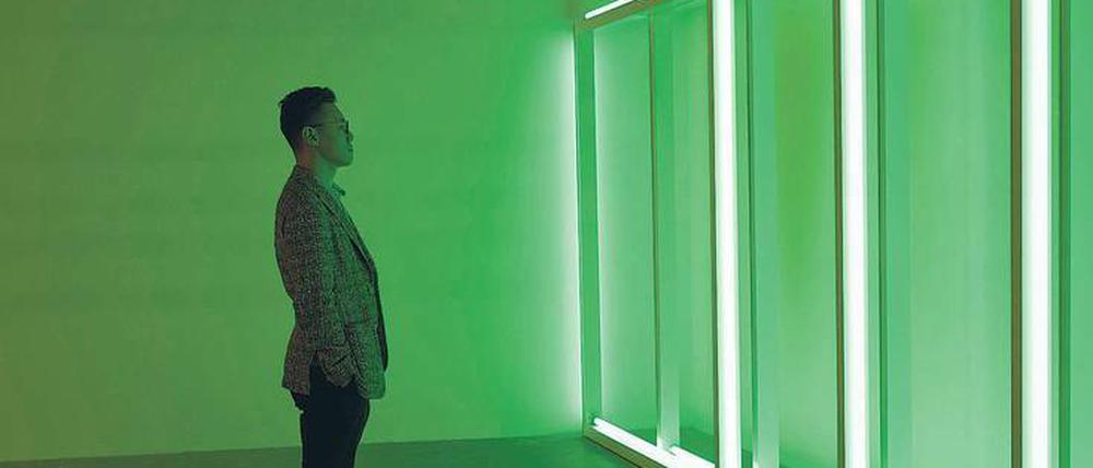 Erleuchtet. Den Stand der Galerie David Zwirner beherrscht eine fluoreszierenden Installation von Dan Flavin. 