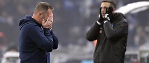 Nicht zu fassen. Herthas Trainer Pal Dardai (l.) und Ersatztorhüter Marius Gersbeck müssen gegen Karlsruhe den Verlust von zwei Punkten zur Kenntnis nehmen.