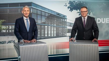 Der thüringische AfD-Spitzenkandidat Björn Höcke und CDU-Konkurrent Mario Voigt traten bei „Welt TV“ gegeneinander an.