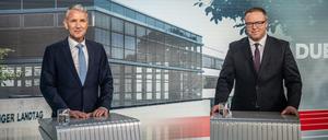 Der thüringische AfD-Spitzenkandidat Björn Höcke und CDU-Konkurrent Mario Voigt traten bei „Welt TV“ gegeneinander an.