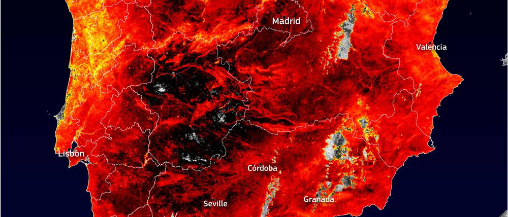 Während der tödlichen Hitzewelle in Europa ist die Bodentemperatur in einigen Gebieten Spaniens auf über 60 °C angestiegen, wie Satellitenaufnahmen zeigen.