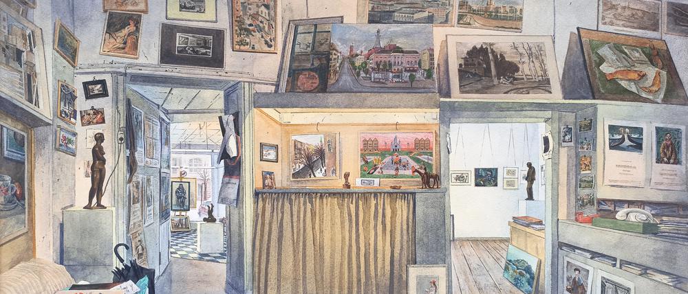 Klaus Jurgeit: „Interieur Galerie Taube“, Aquarell (40 x 60 cm) von 1988.