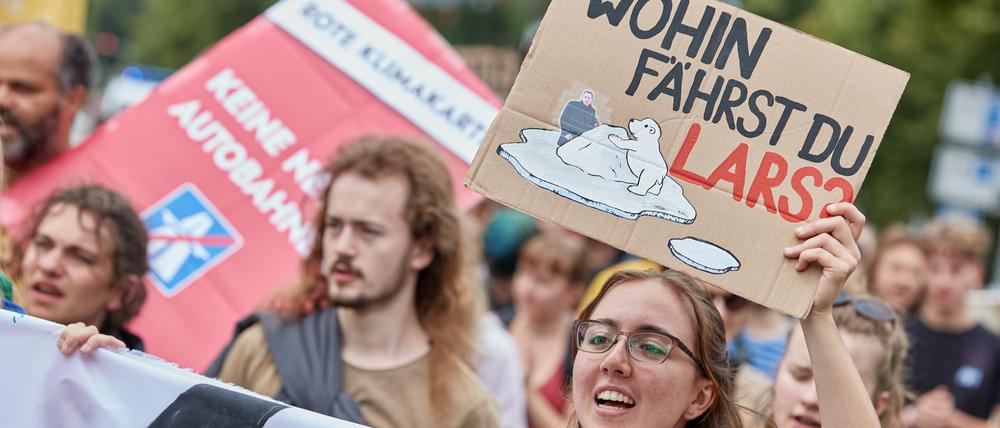 Eine Teilnehmerin eines Protestzugs der Klimabewegung Fridays for Future trägt ein Pappschild mit der Zeichnung eines Eisbären.