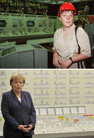 In der Union rütteln sie am Atomausstieg. Angela Merkel als Umweltministerin im AKW Lubmin, als Kanzlerin im AKW Emsland. Foto: Stefan Sauer/Carmen Jaspersen/dpa
