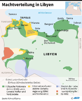 Libyen: Karte mit Machtverteilung im Land. Foto: AFP