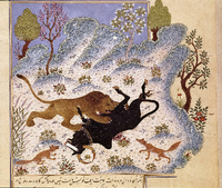 Dargestellt ist eine Szene zur Illustration einer Fabel: Ein Löwe hat ein Huftier gerissen, zwei Füchse schauen zu. Foto: imago/Leemage