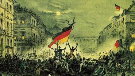 Auf die Barrikaden. Jubelnde Revolutionäre am 18. März 1848 in der Breiten Straße in Berlin.