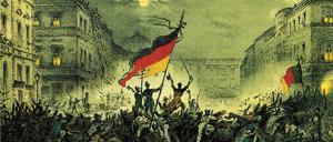 Jubelnde Revolutionäre nach Barrikadenkämpfen am 18. März 1848 in der Breiten Straße in Berlin.