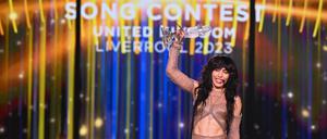 Loreen aus Schweden jubelt nach ihrem Sieg beim Finale des 67. Eurovision Song Contest (ESC) in Liverpool. Malmö richtet den kommenden Eurovision Song Contest 2024 aus. 